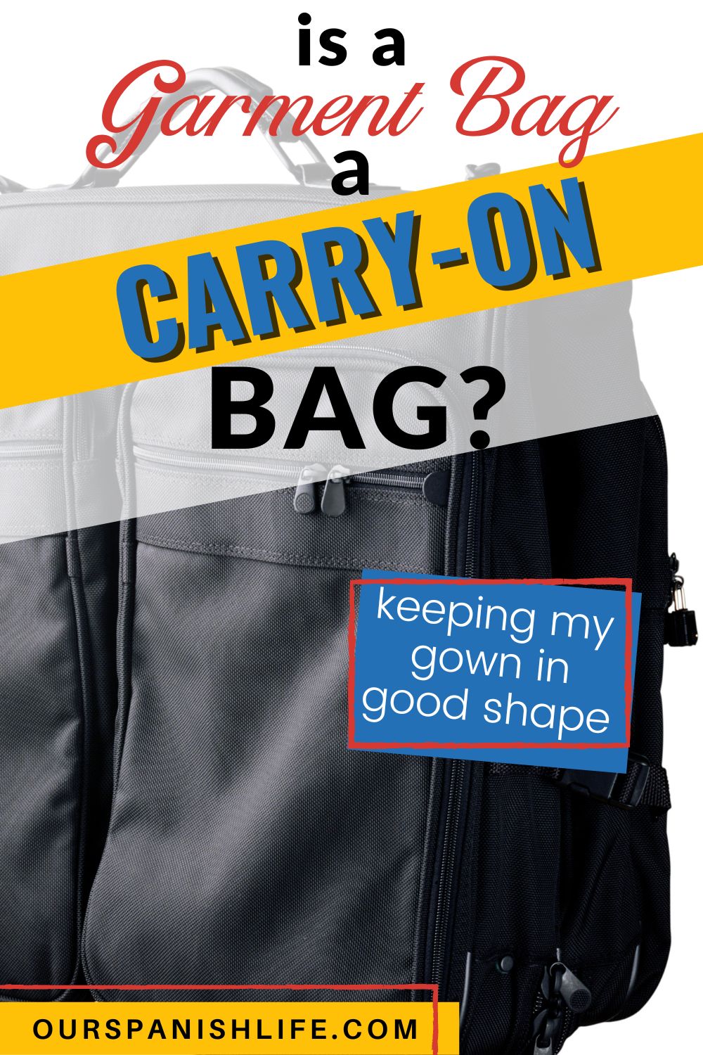 Image showing a closeup photo of a black large bag with text overlay that reads Is a Garment Bag a Carry On?