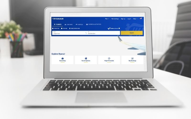 a laptop showing a mock Ryanair website