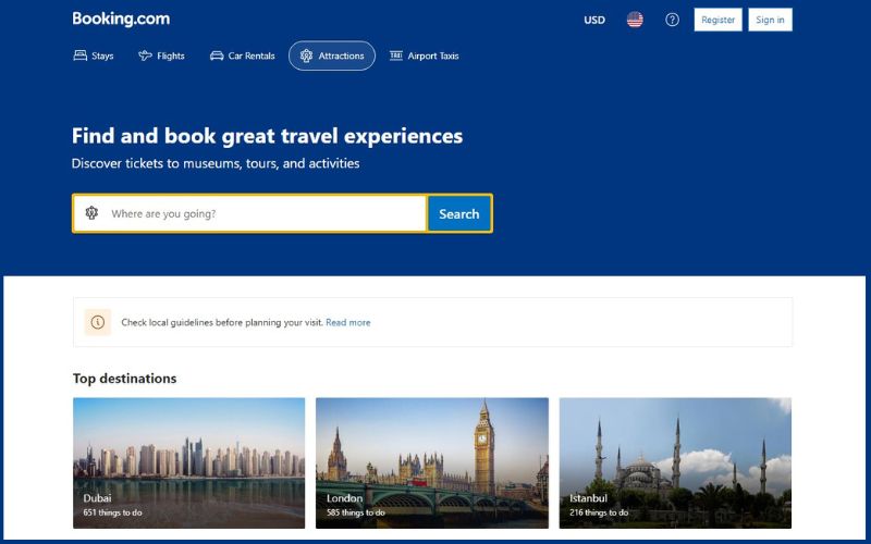 A page of Booking.com website showing pictures of top destinations