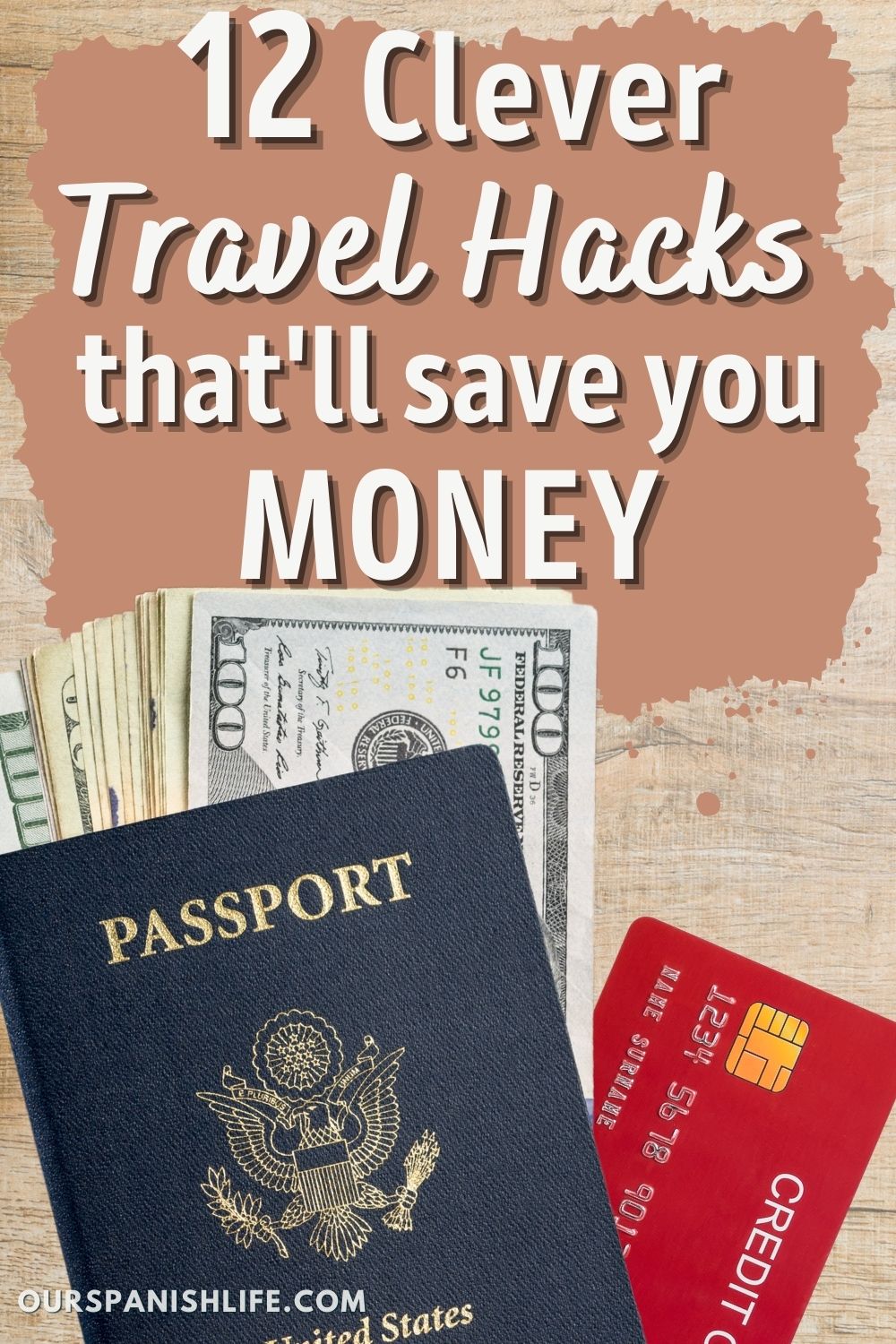 Image showong a passport , some money and a credit card with text overlay that reads 12 Clever travel hacks that'll save you money
