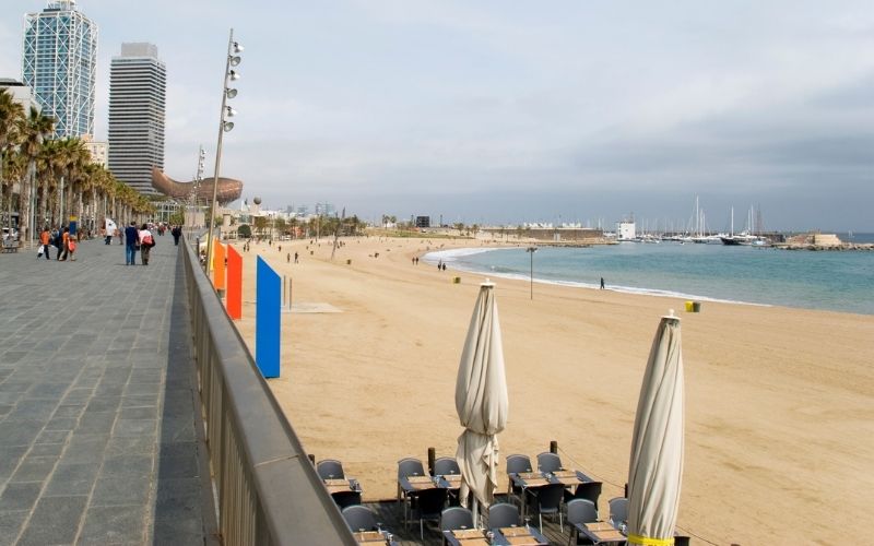 Photo of a large beach with roads, people walking and buildings on the other side