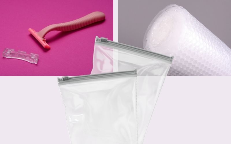 Photo of a razor in pink background, rolled bubble wrap and 2 ziplock bags