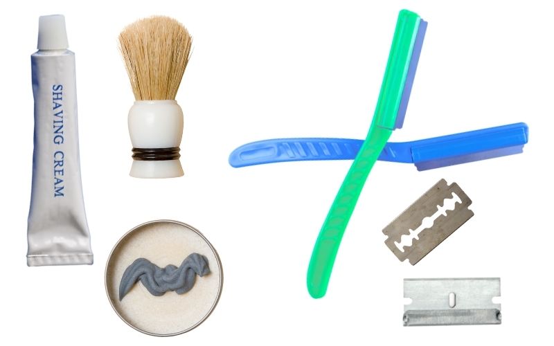 Photo of different types of razors with cream and brush on white background