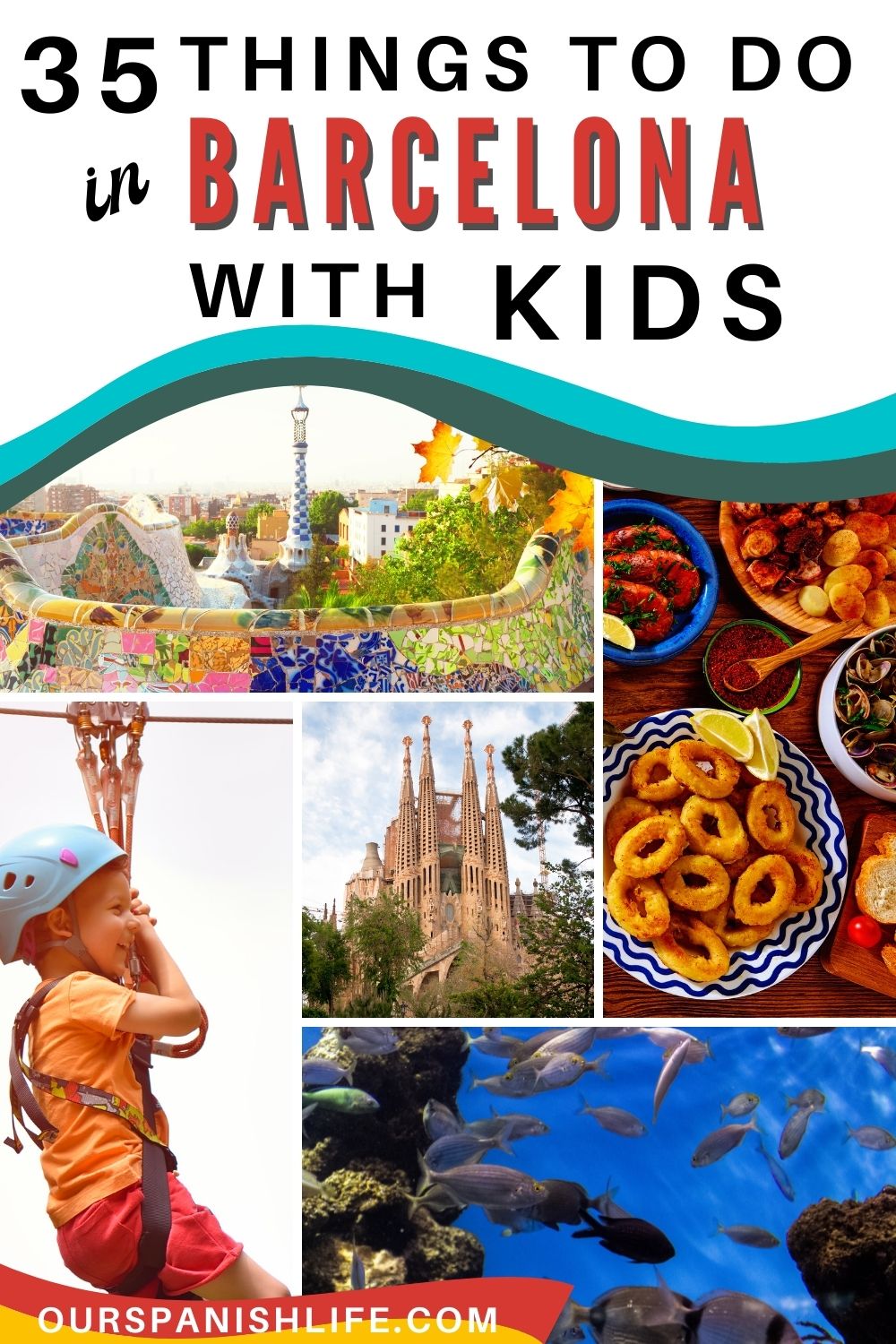 Photo showing images of foods, different places, and structures and a girls with text overlay that reads Things to Do in Barcelona With Kids.