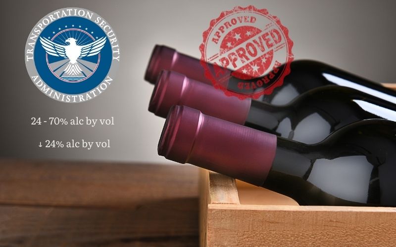 Image of top part of three bottles in a wooden crate with with TSA logo and an approved seal 