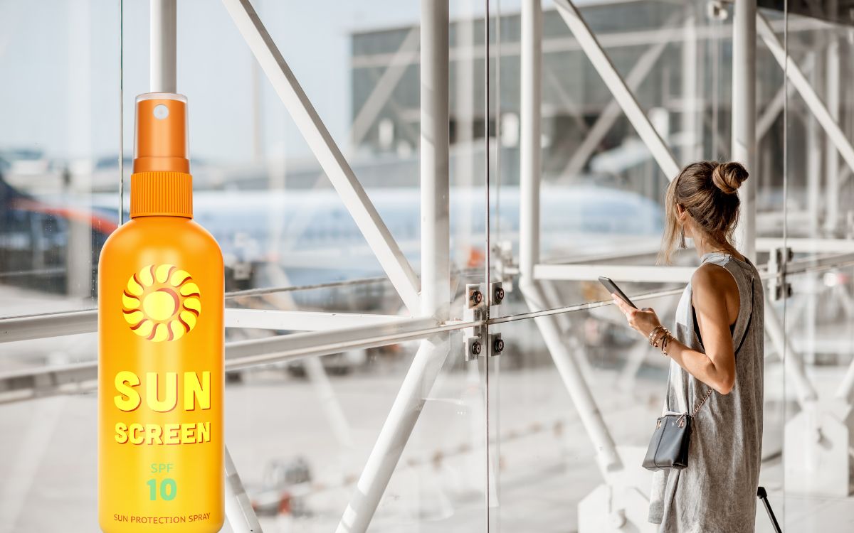 Photo showing a yellow spray bottle, and woman standing in an airport