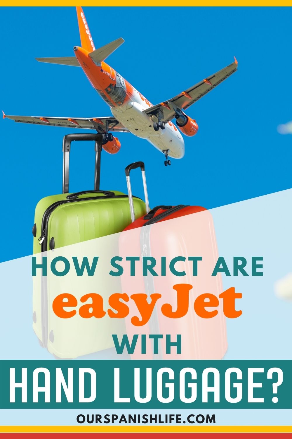 Photo showing an airplane flying and two luggage below it with text overlay that reads How strict are easyJet with hand luggage