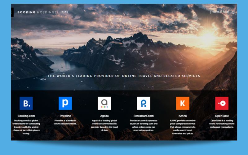 An image of the Booking Holdings Incorporated website that also shows mountains, and river on sunset.