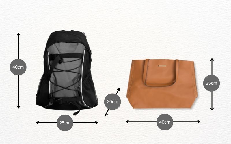 image showing a backpack and a handbag with sizes for allowed hand luggage shown on the side